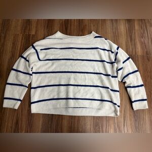 Off-the-Shoulder Striped Sweater - White with Navy Stripes